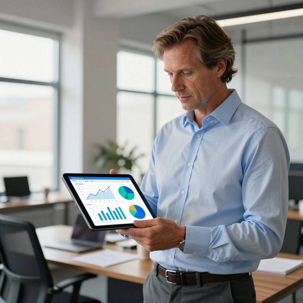 Man in blue shirt, analyzing charts on a tablet in an office.