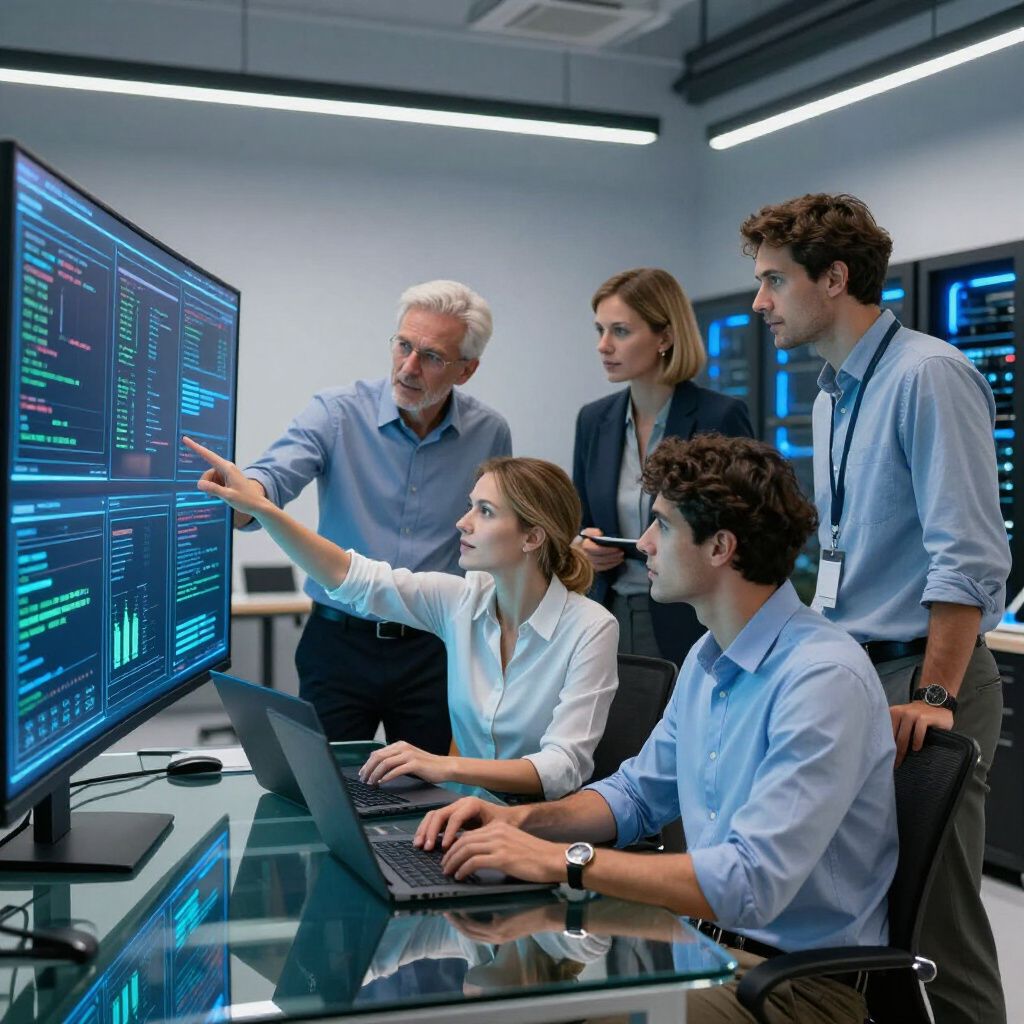 Team of five professionals analyzing data displayed on a large screen in a server room.