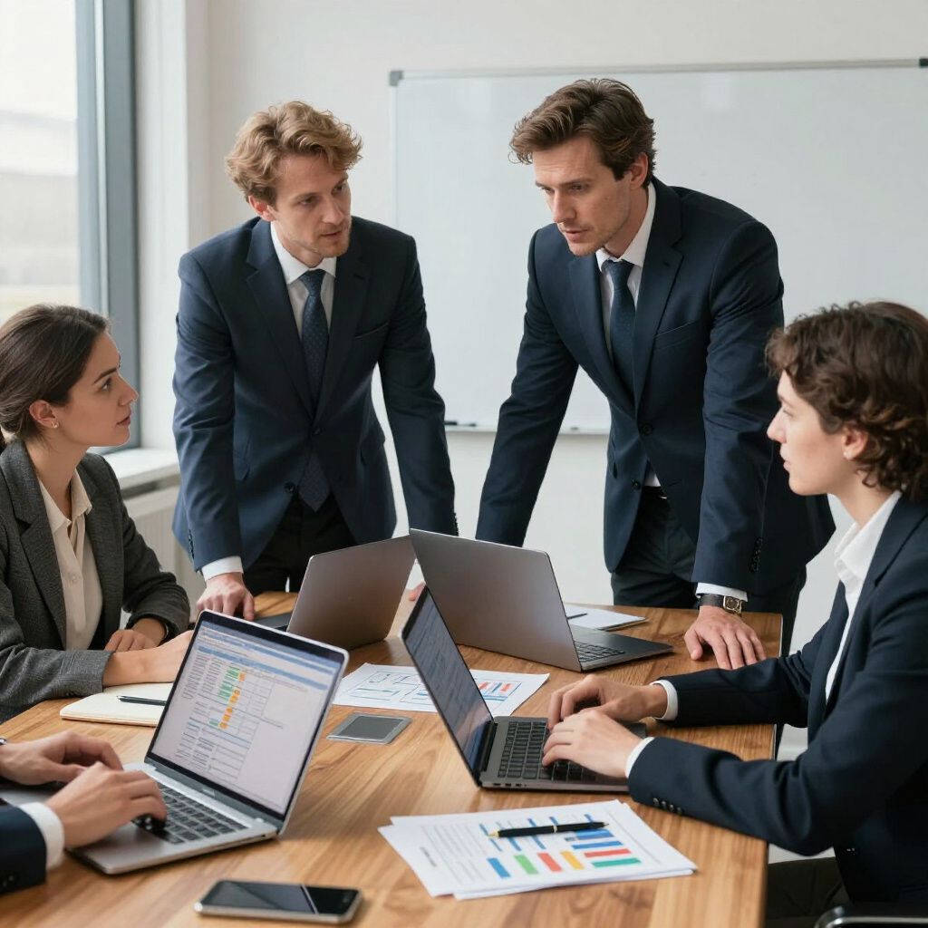 Business team in suits at a meeting, reviewing data on laptops, looking at each other, in an office setting.