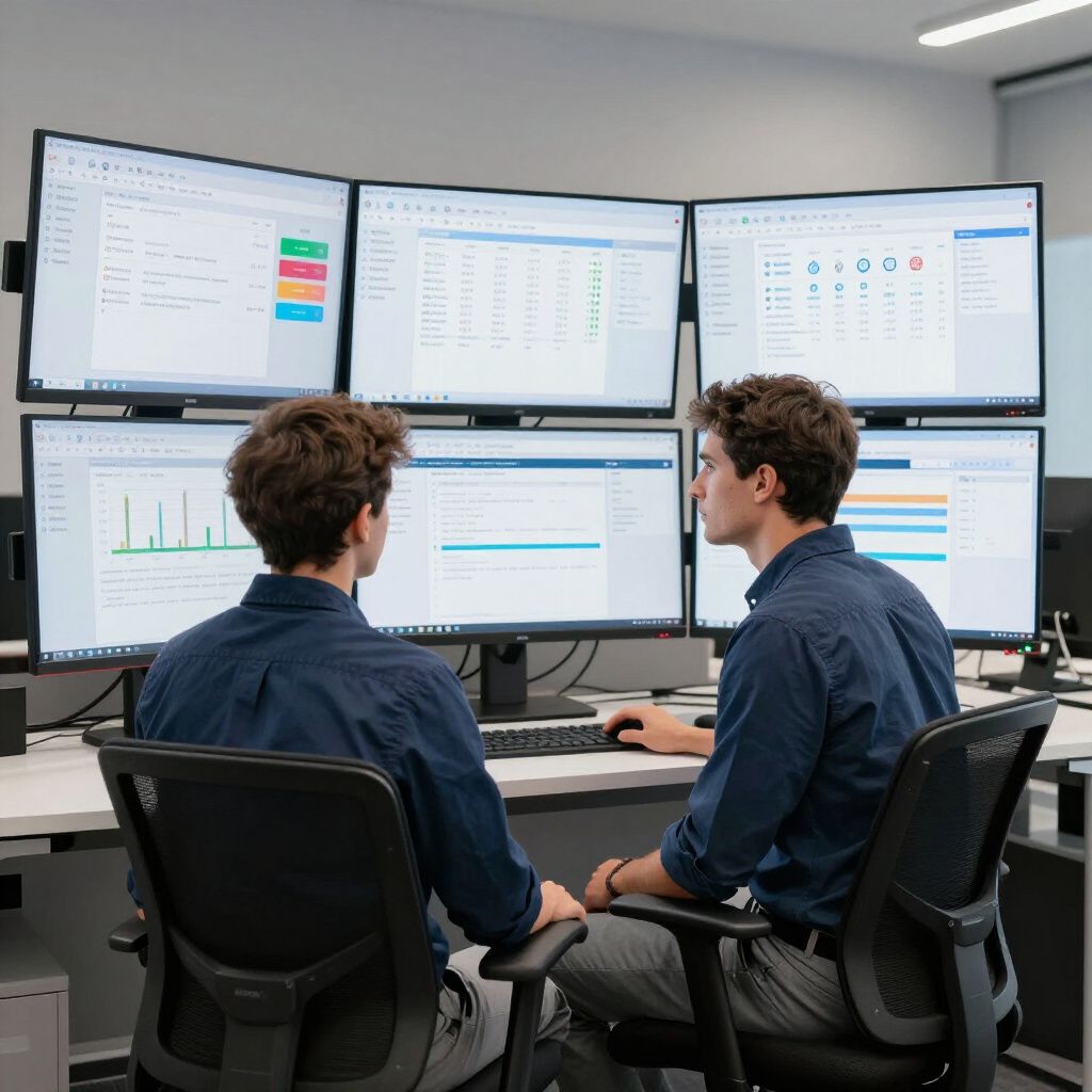 Two people sit at a desk with six monitors, analyzing data in a brightly lit office.