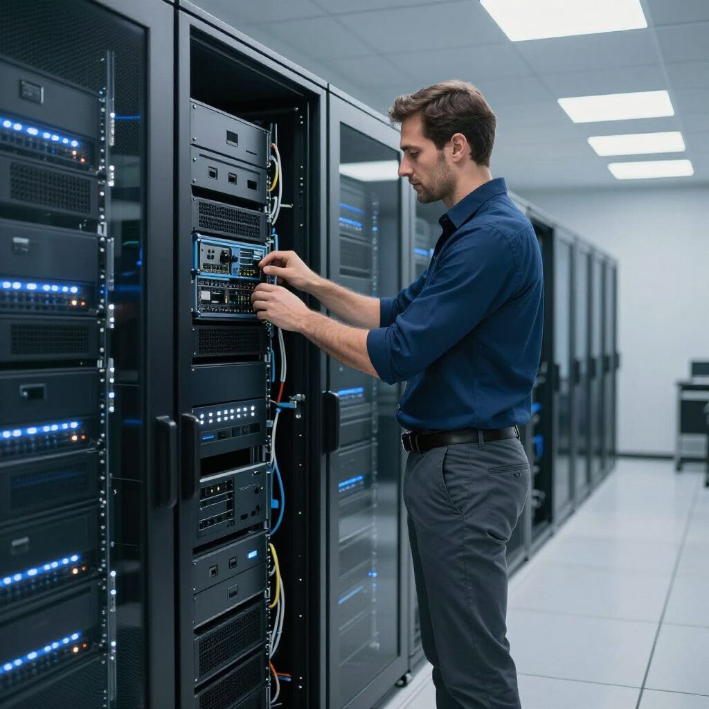 Man working on server equipment in a data center.