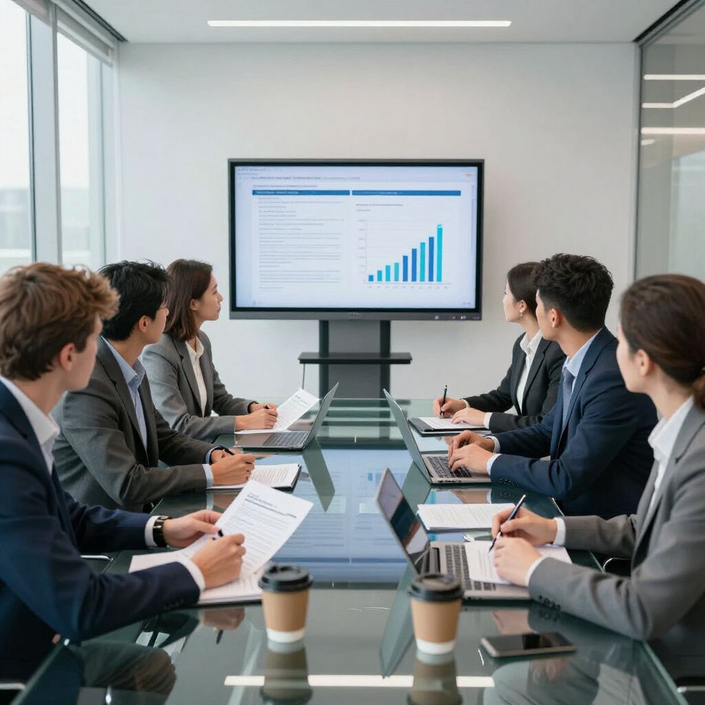 Business team in meeting, reviewing growth charts on a screen. Modern office setting.