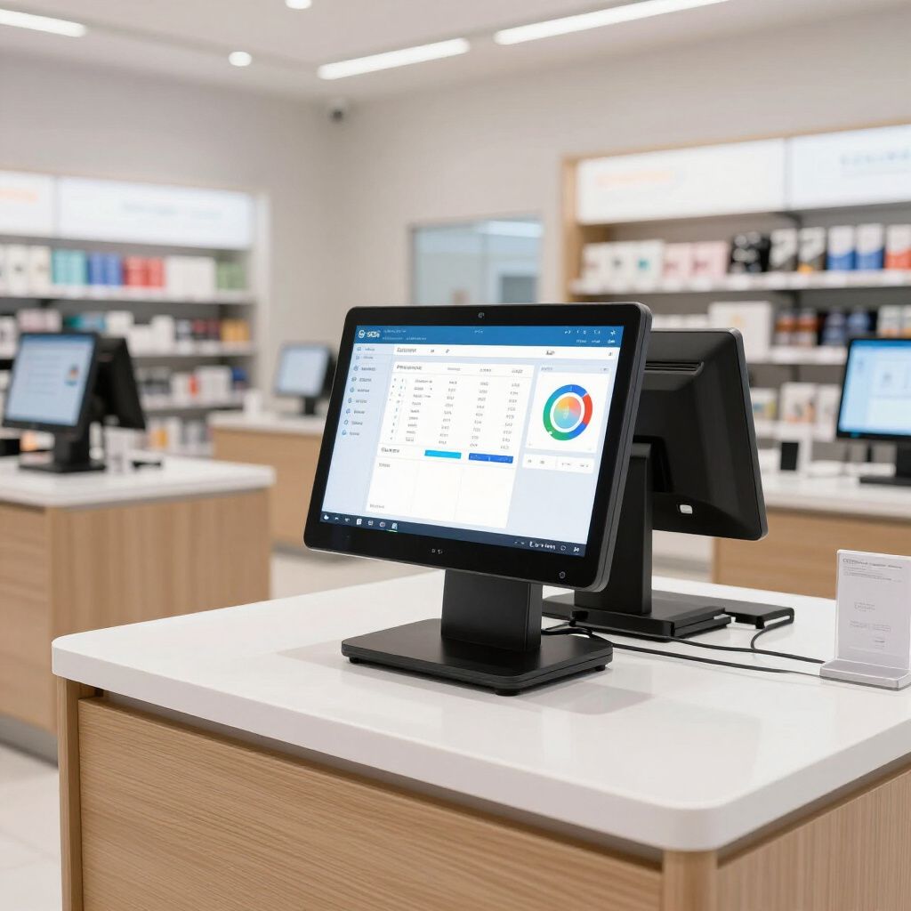 Point-of-sale display with a circular graph and data, on a counter in a retail store.