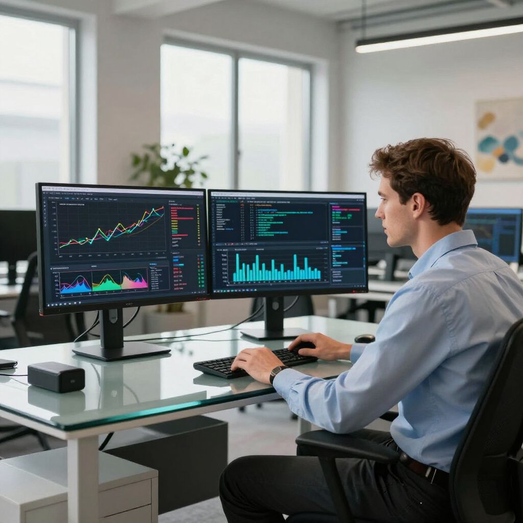 Man working at computer with two monitors displaying financial data in a modern office.