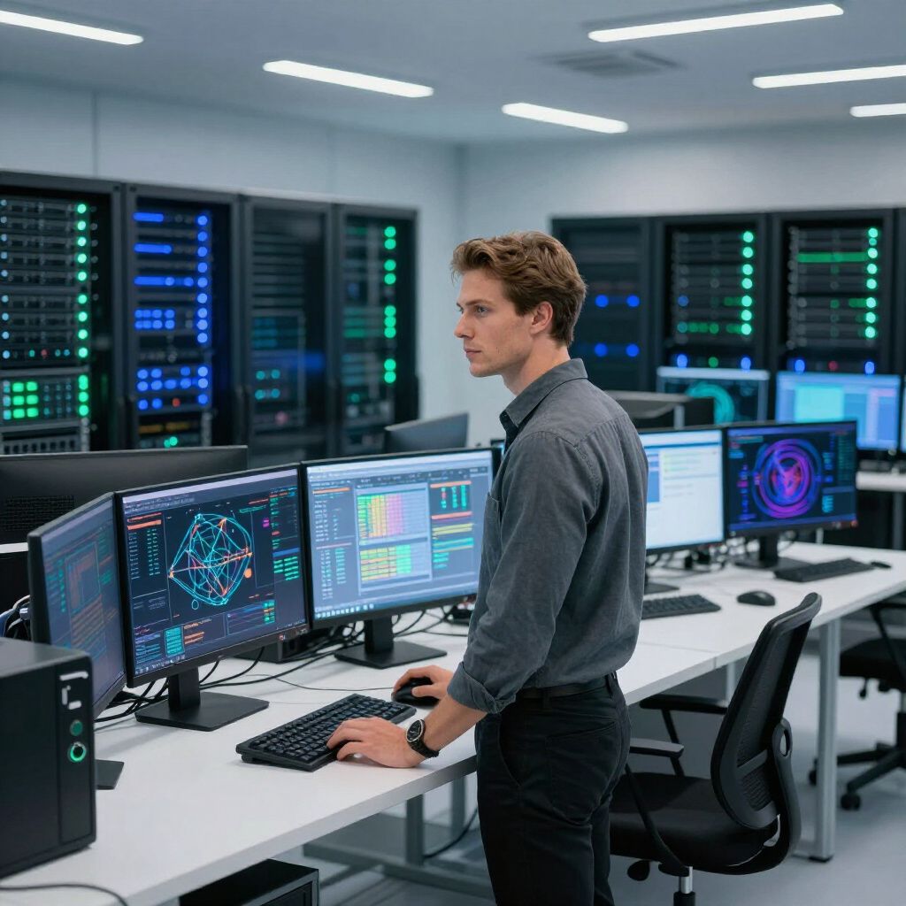 Man working in a server room, looking at multiple computer screens. Servers in the background.