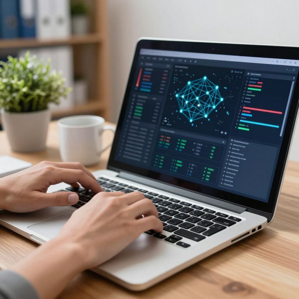 Person using a laptop with a complex data visualization on the screen; indoor workspace.