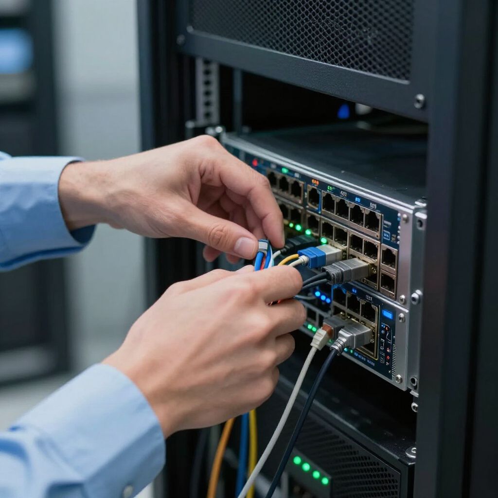 Hands connecting network cables to a server in a data center rack.