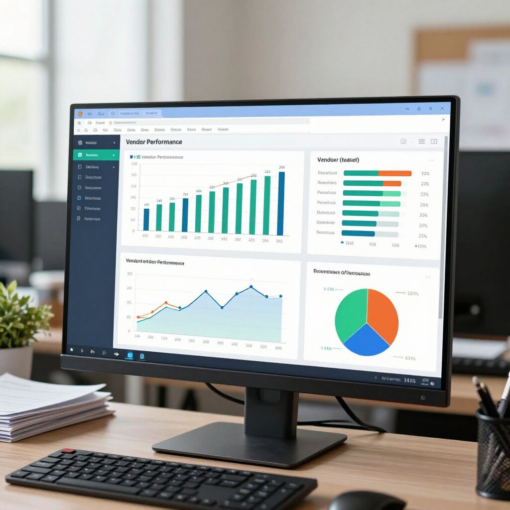 Computer monitor displaying data charts, including bar, line, and pie graphs, sitting on a desk with a keyboard and mouse.