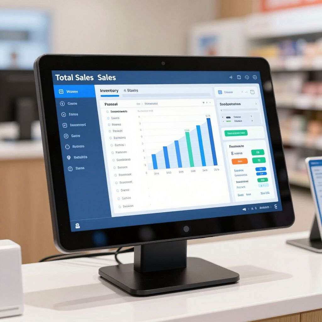 Point-of-sale system showing sales data, blue and green bar graph, on a retail counter.