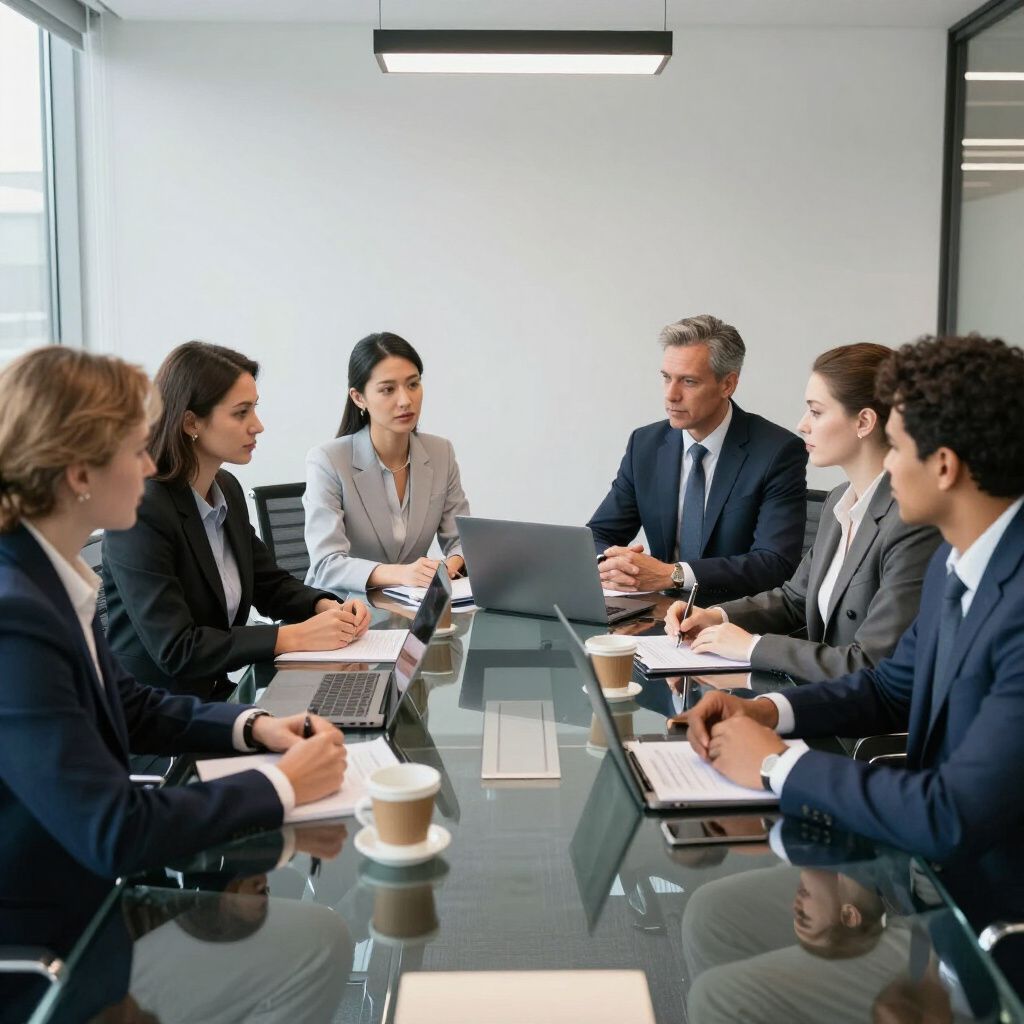 Businesspeople in suits at a conference table, using laptops and discussing a project in an office.