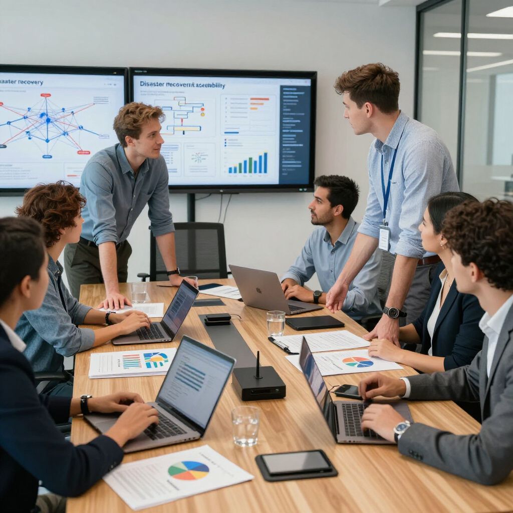 Business meeting in progress. People around a table with laptops, charts, and data displays on the wall.