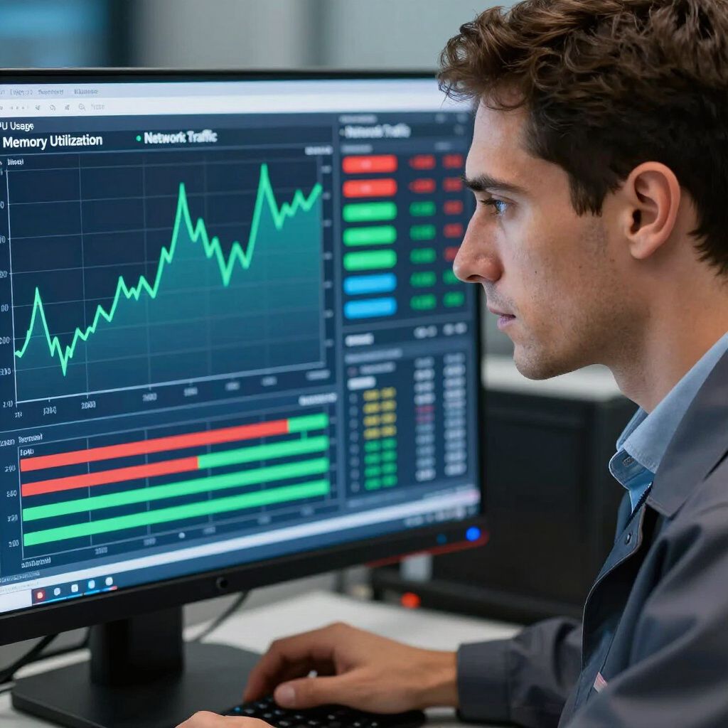 Man looking intently at computer screen displaying stock charts.
