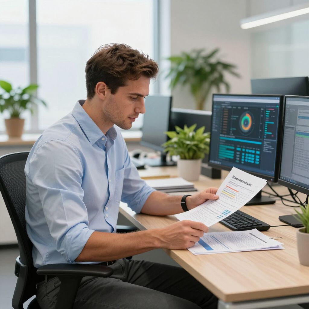 Man at a desk in an office, reviewing a report with data visualizations on his monitors.
