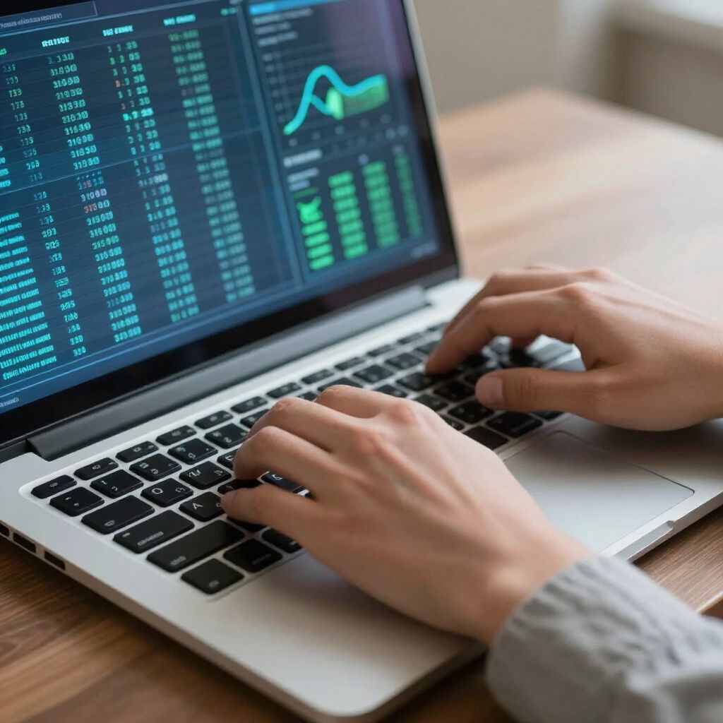 Person typing on laptop, displaying financial data with graphs and figures.