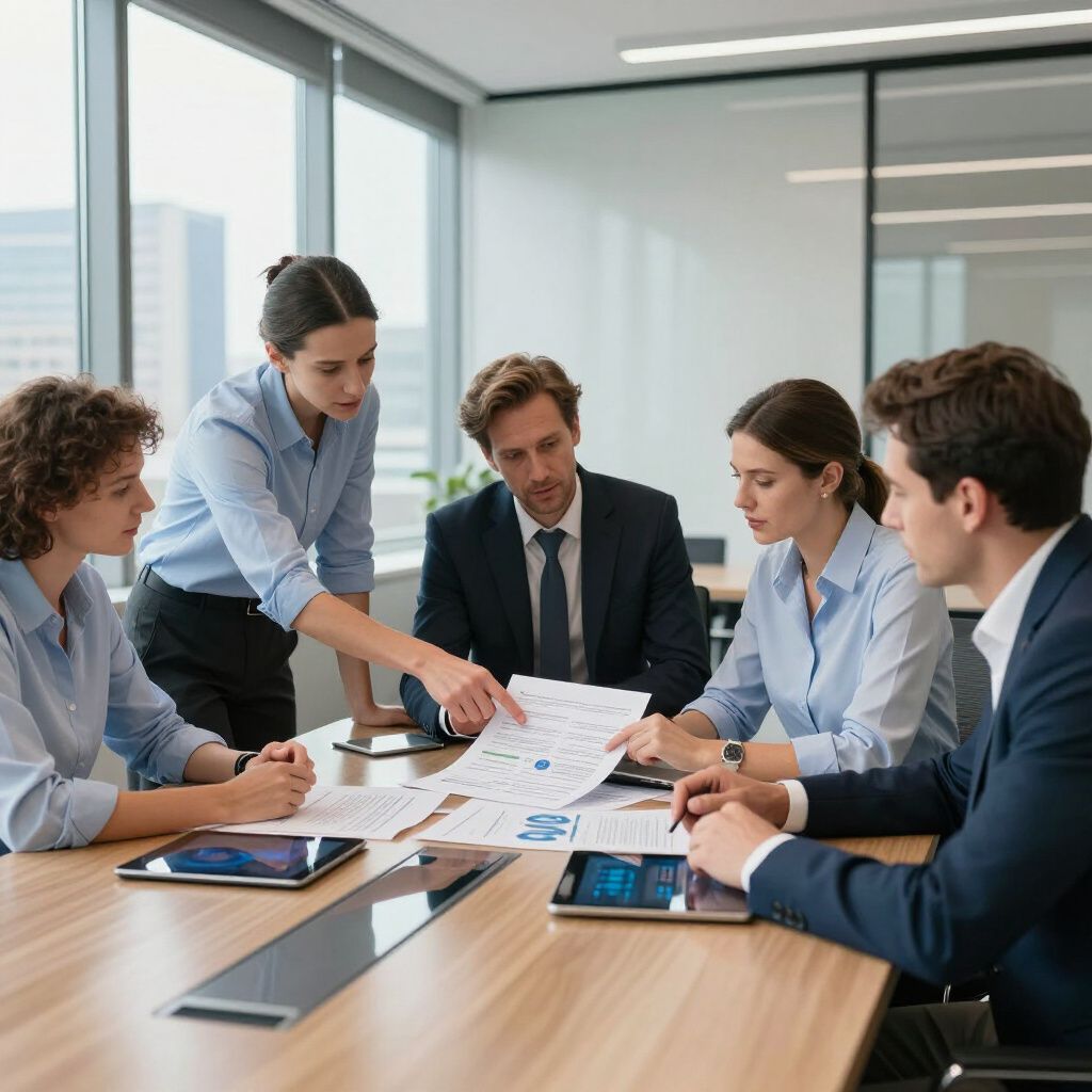Business team reviewing financial documents around a conference table.