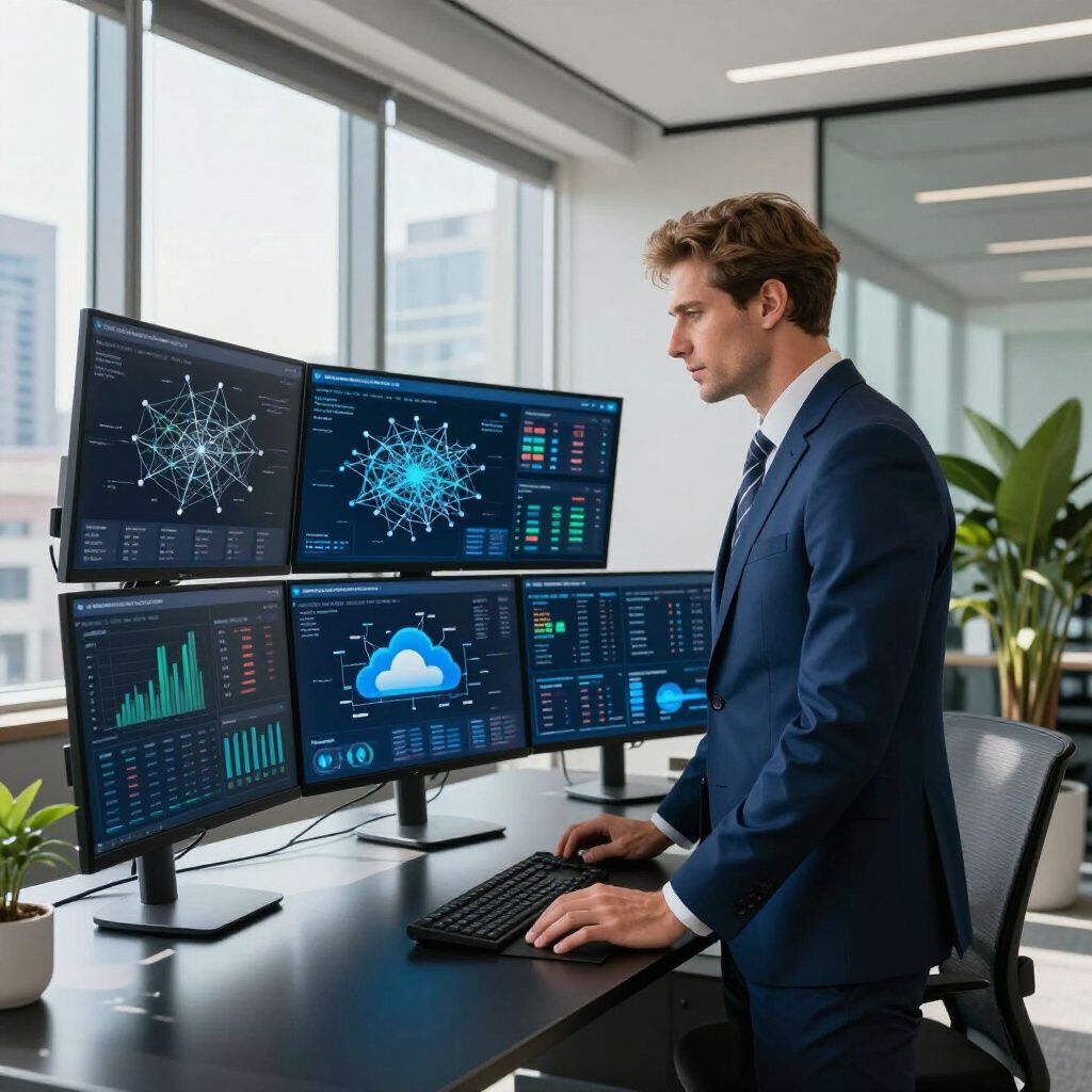 Man in suit working at desk with multiple computer monitors displaying data visualizations.