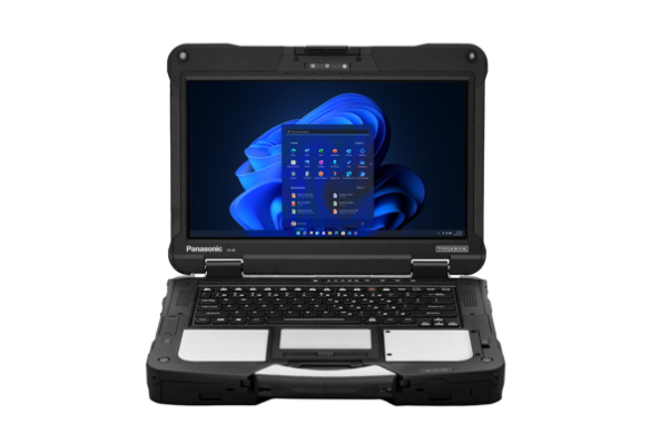 Black Panasonic Toughbook rugged laptop, open, showing Windows 11 interface.