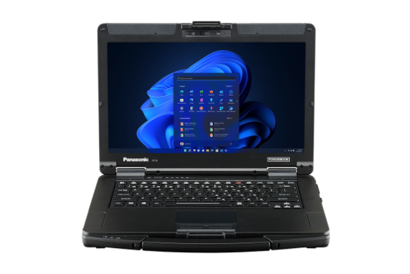 Rugged Panasonic laptop open, showing Windows 11 desktop. Black, durable design.