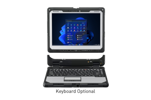 Panasonic rugged tablet with optional keyboard, open, showing Windows 11 interface.