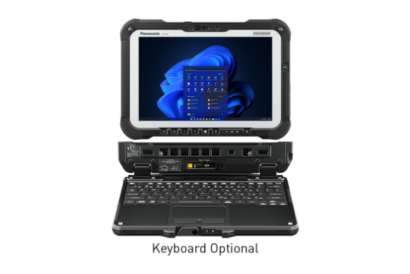 Rugged Panasonic tablet computer, screen displaying Windows 11, connected to optional keyboard.