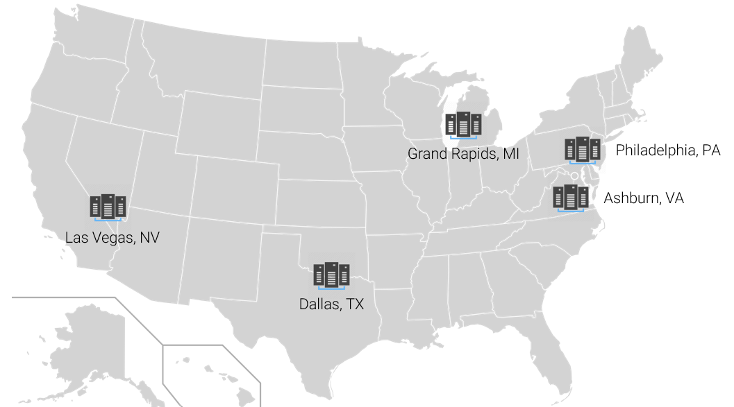 Map of the United States with building icons indicating locations: San Francisco, CA; Salt Lake City, UT; Durham, NC; Baltimore, MD; New York, NY.