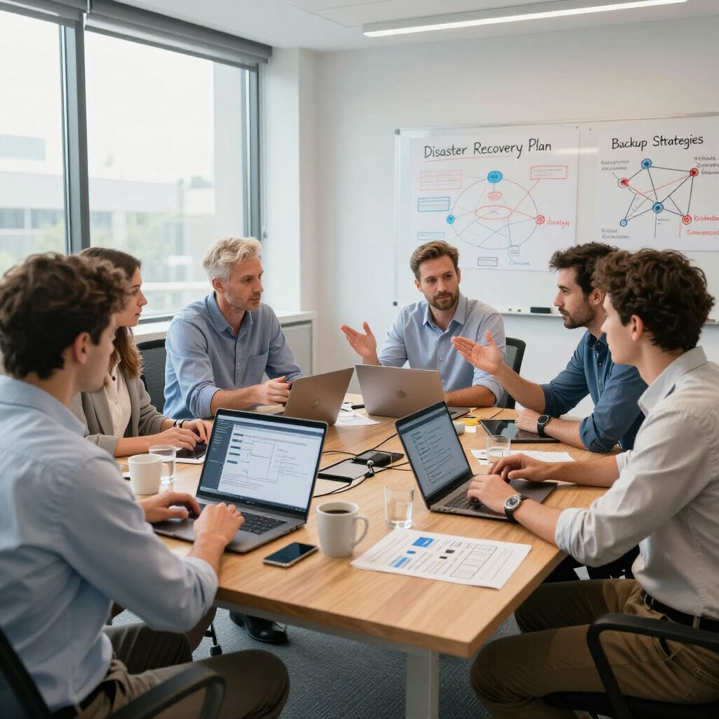 Group of people in meeting around table with laptops, brainstorming.