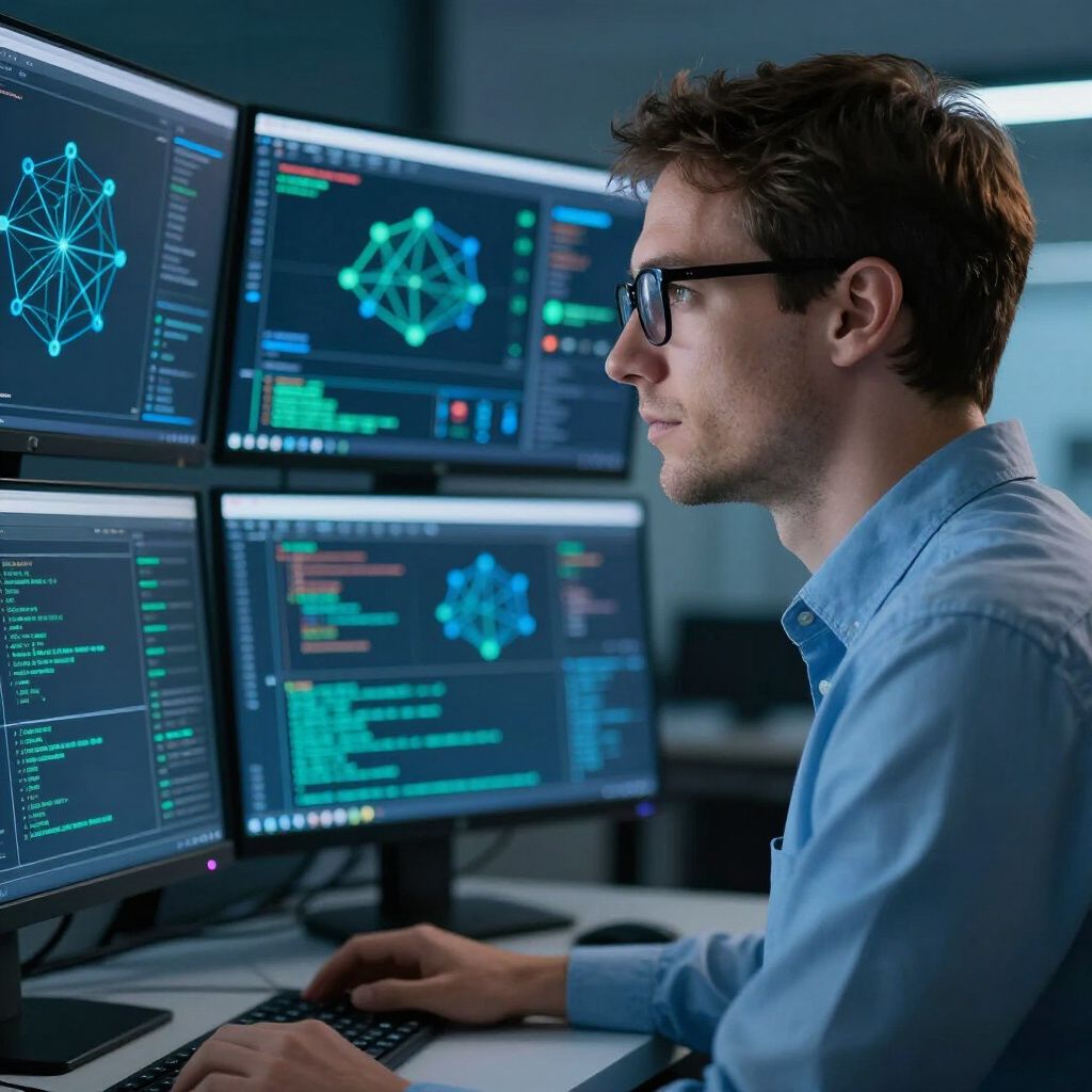 Man with glasses working at computer with multiple screens displaying code.