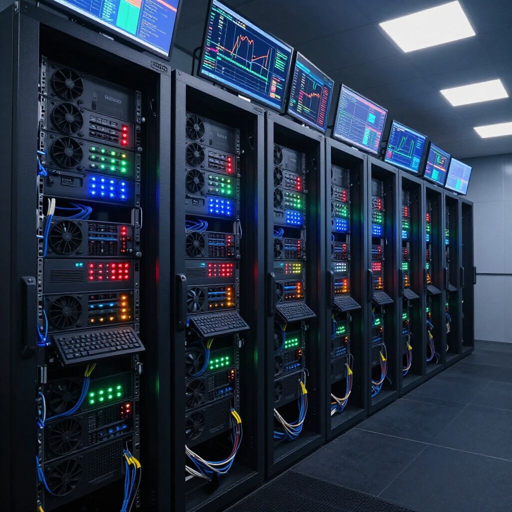 Server room with rows of black server racks, illuminated by colorful lights and connected to monitors displaying data charts.