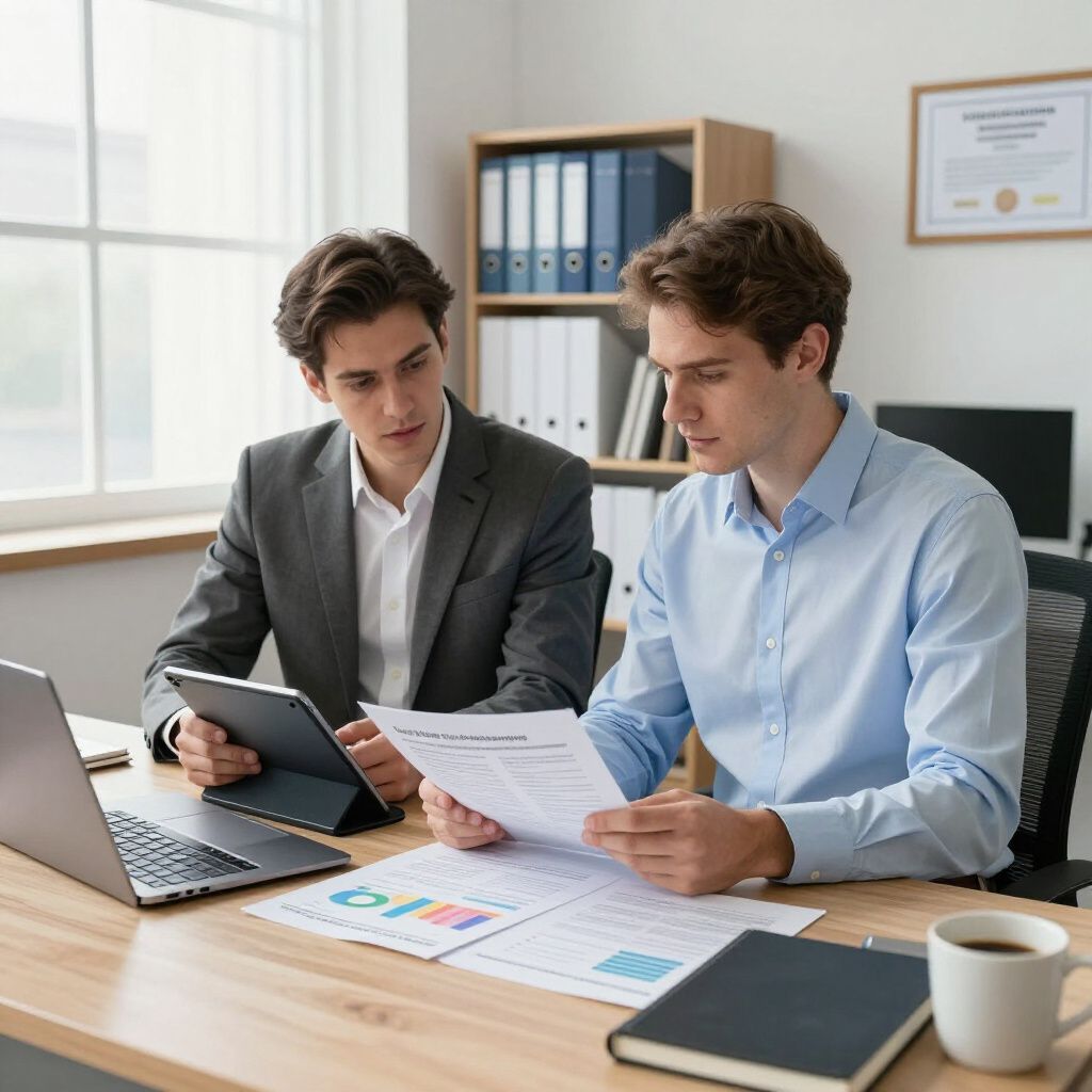 Two men in office setting reviewing documents, one using a tablet, charts, and laptop present.