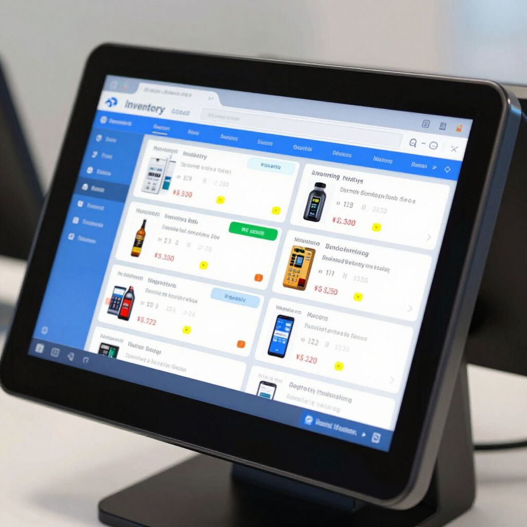 Tablet displaying an inventory management interface, featuring product listings with images and details.