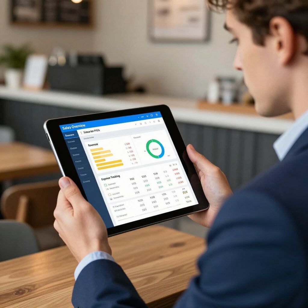 Man in blue blazer using tablet, reviewing financial data with a green pie chart. Cafe setting.