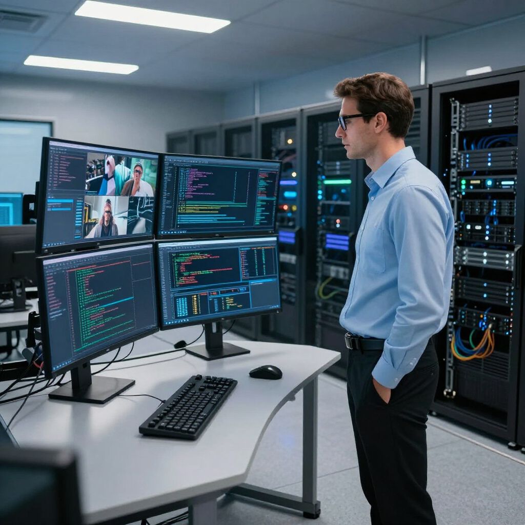 Man in server room monitors multiple screens, analyzing data and video call.
