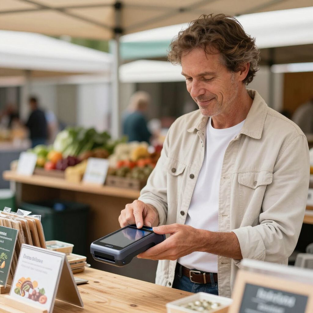 Man using a portable card reader at a market stall with fruits and vegetables.