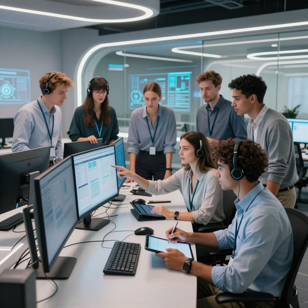 Group of colleagues gathered around computer screens in a modern office, collaborating and pointing at data.