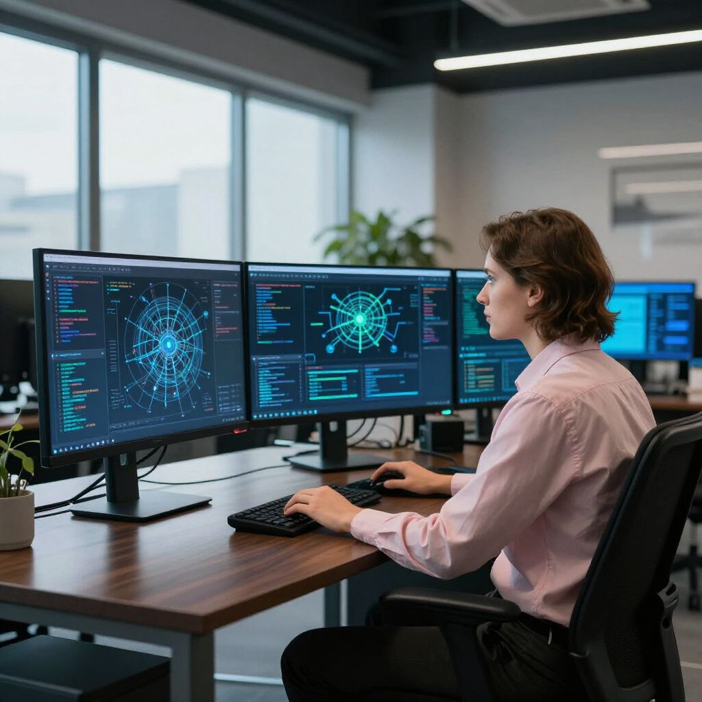 Person at desk with three monitors displaying data visualizations in a bright office.