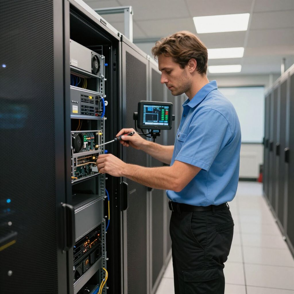 IT technician works on server equipment in a data center.