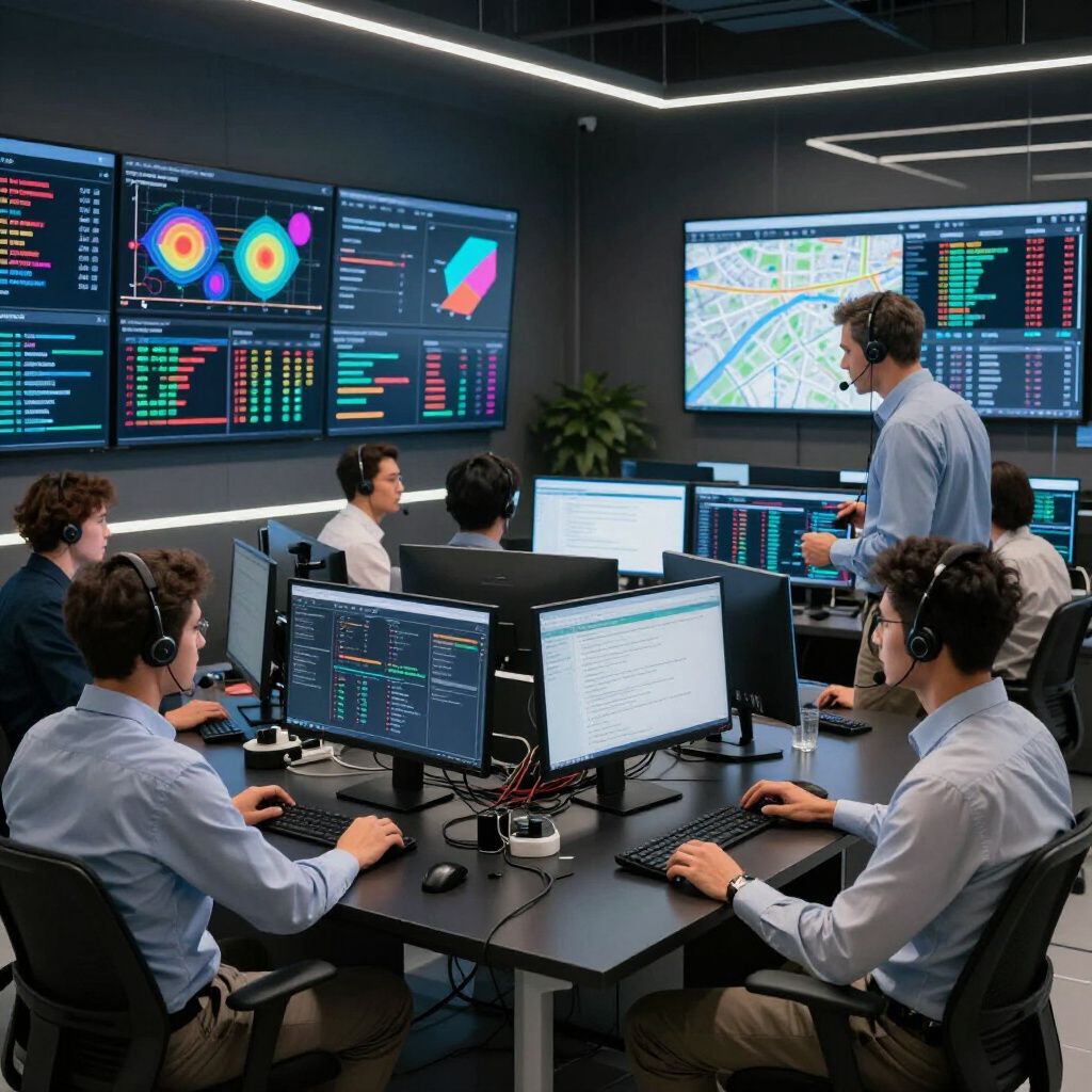 People in a tech control room monitoring data on screens. The room has multiple monitors and a team working at computers.