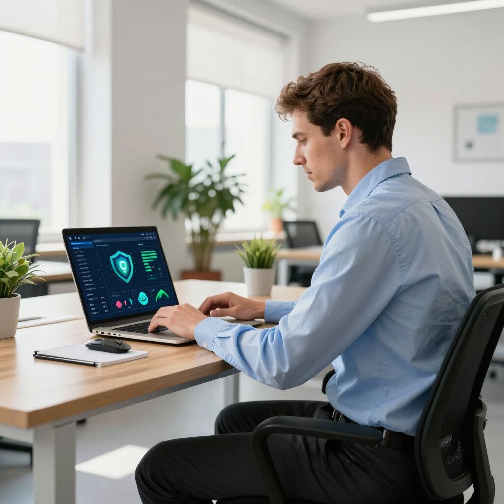 Man using laptop in office, cybersecurity interface on screen, focused expression.
