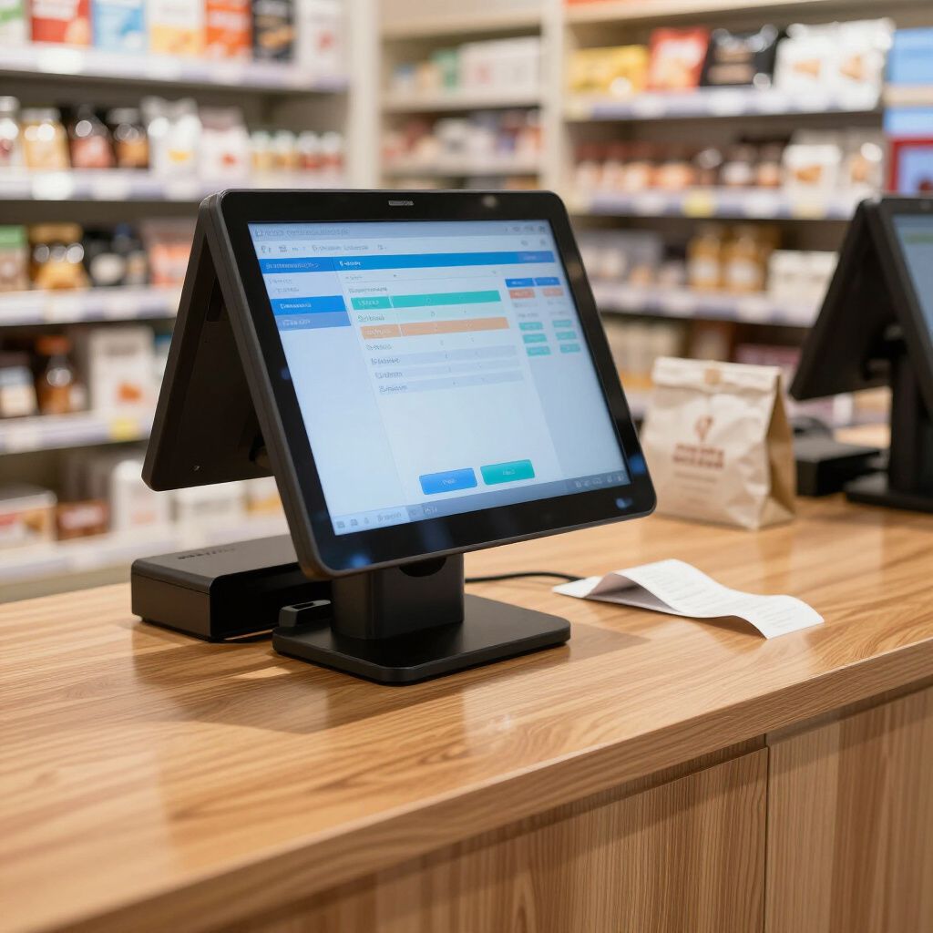 Point-of-sale system on a wooden counter in a store. Display screen shows software interface. Shelves of products in background.