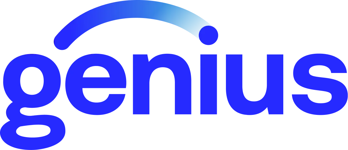 The Genius logo: blue word "genius" with a curved blue line with a blue dot on top.
