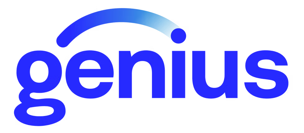 Genius logo: Blue wordmark with curved blue arc.