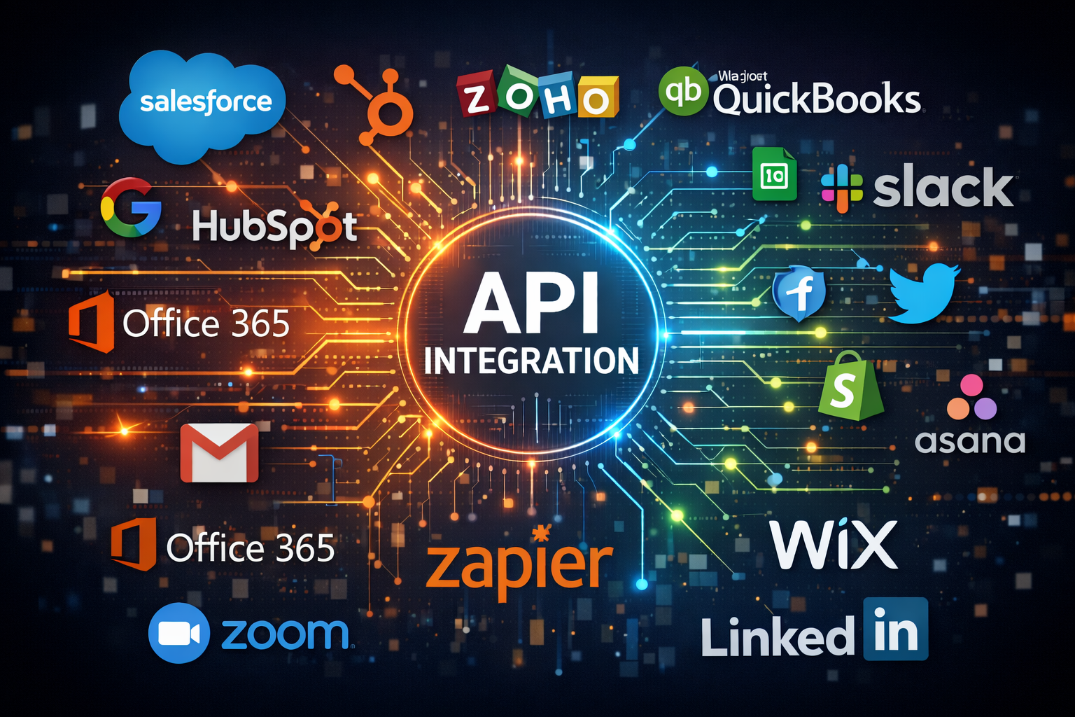 A digital illustration showing API integration with logos of various software platforms connected via circuits.