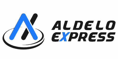 Logo of Aldelo Express: Blue and black "A" and "X" inside a black circle, text "Aldelo Express" in black.
