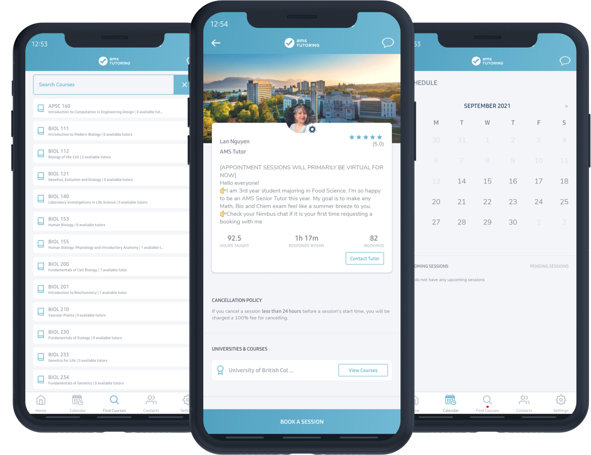 Three mobile phones displaying app interfaces: a list, a profile, and a calendar.