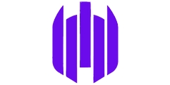 Purple logo: Shield shape with three vertical lines in the center and two outside lines.