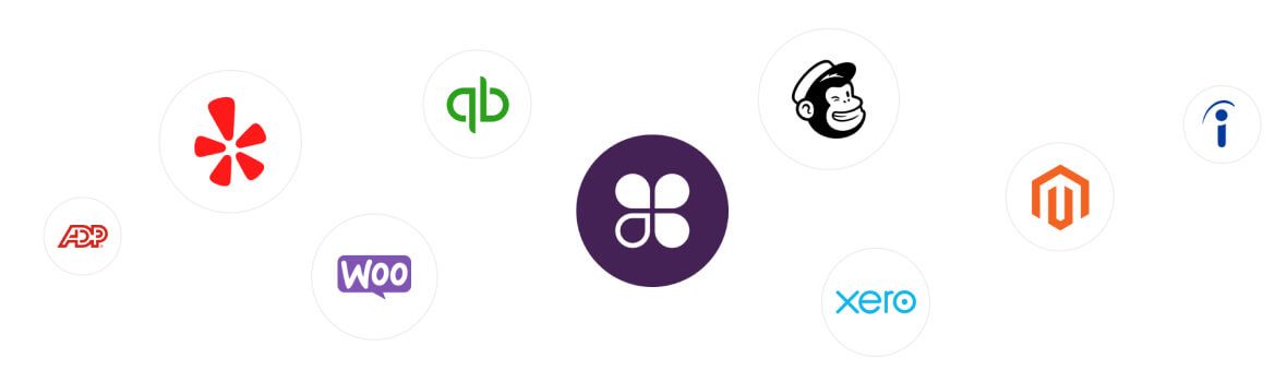 Logos of various software and platforms in white circles.