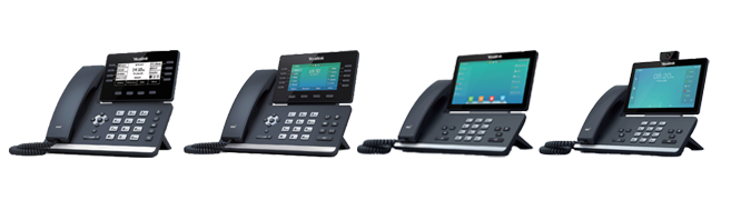 Four black desk phones with screens in a row, each displaying a different interface.