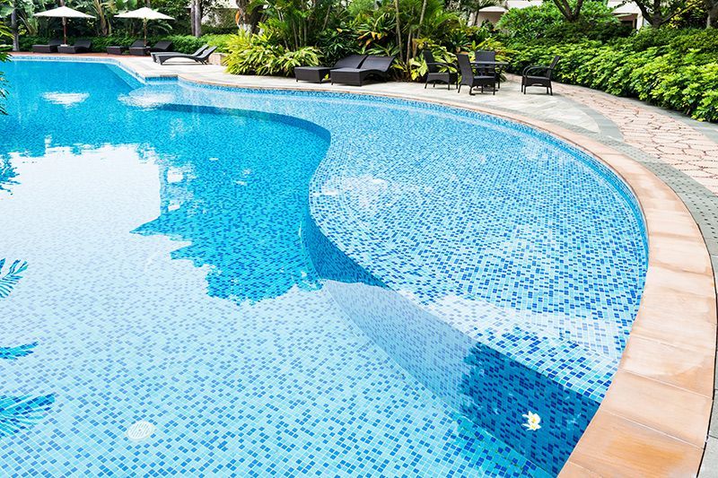 Professionally maintained residential swimming pool with clean blue water.