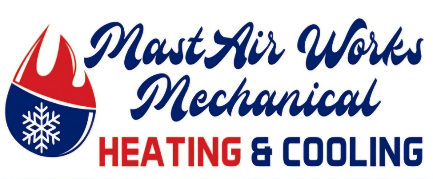 Logo with blue text "Mast Air Works Mechanical" over "HEATING & COOLING" in red, with a flame/snowflake design.