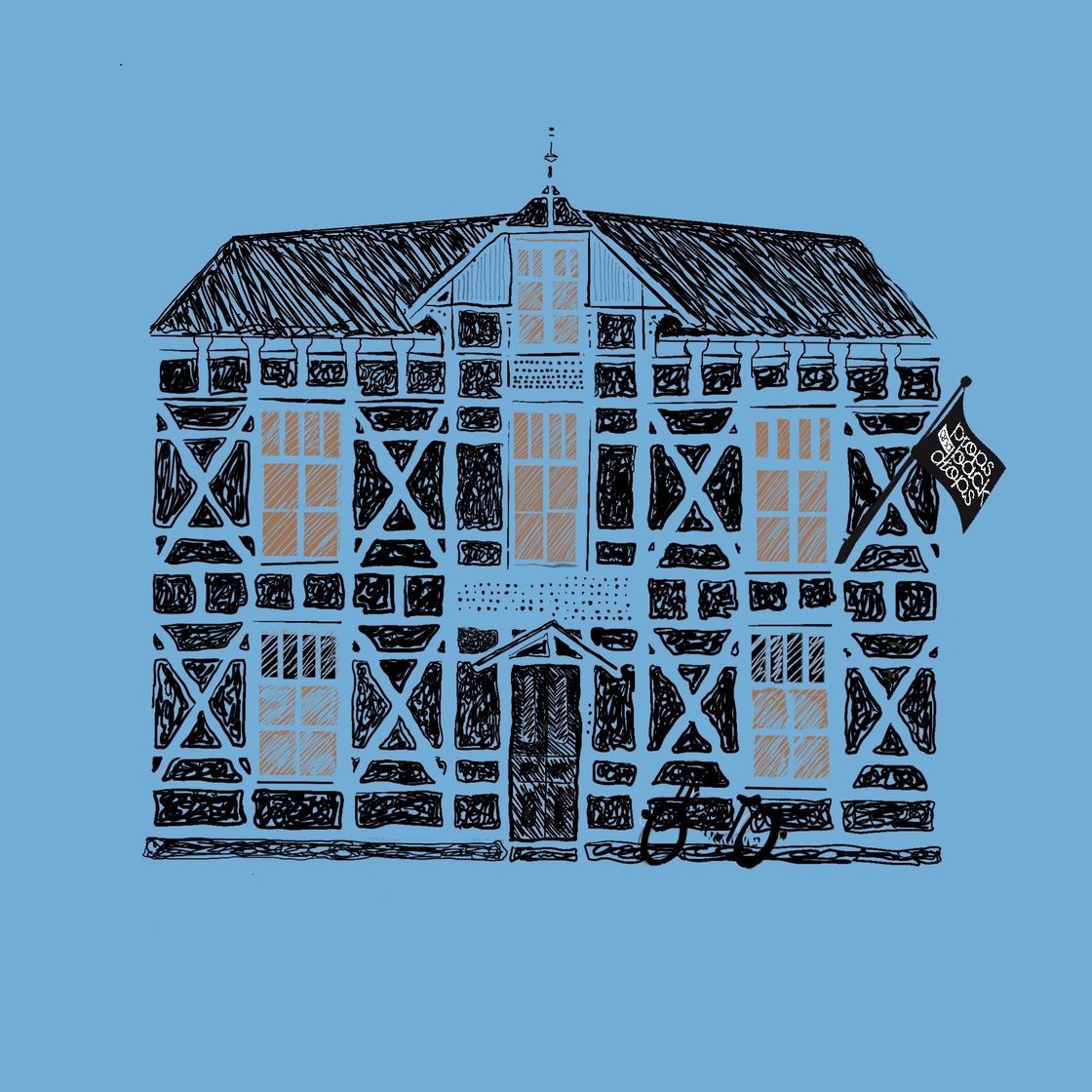 Zwart-witillustratie van een vakwerkhuis met bruine ramen, tegen een blauwe achtergrond.